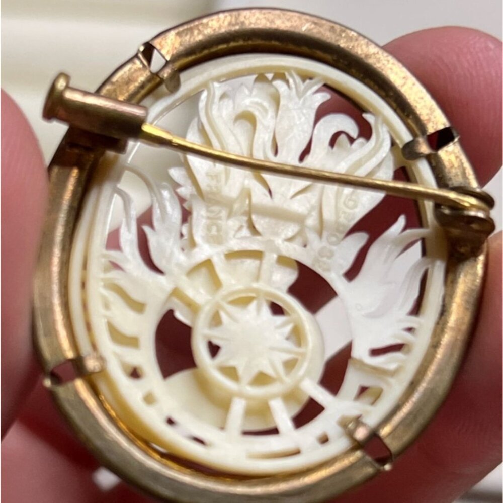 Vintage French Carved Celluloid Bird Brooch Phoenix Marked FRANCE DEPOSE Pin - Picture 4 of 8
